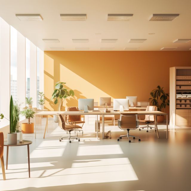 Sunlit modern office featuring open workspace concept with multiple desks and chairs. Large windows allow natural light to flood the room, enhancing productivity. Indoor plants add a touch of nature, creating a relaxing atmosphere. Ideal for business presentations, website designs focused on workplace environments, and promoting modern office equipment.