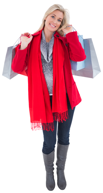 Blonde Woman in Winter Clothes Holding Shopping Bags on Transparent Background - Download Free Stock Videos Pikwizard.com