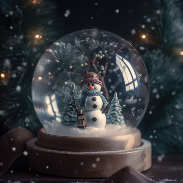 Charming snow globe featuring a snowman with a red hat and blue scarf, surrounded by pine trees and falling snow. Ideal for highlighting holiday cheer and winter decorations. Perfect for use in festive publications, holiday greeting cards, decoration ideas, and Christmas advertisements.