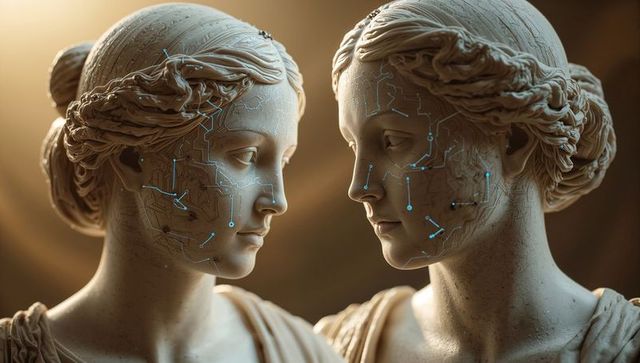 Dual marble busts with glowing blue circuitry merging classical sculpture and ai