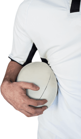 Transparent rugby player holding ball close perspective