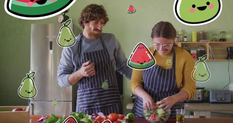 Happy Fruit Icons with Young Couple Cooking Together