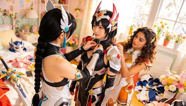 Cosplayers fastening elaborate hero armor straps in sunlit bedroom preparing for fantasy event