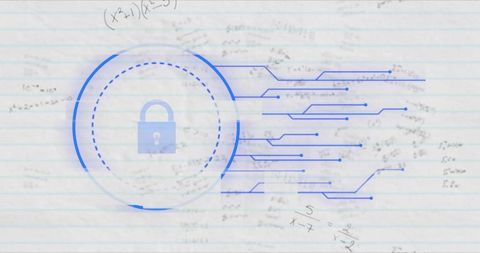 Blue digital lock securing handwritten math notes with circuitry and encryption overlay