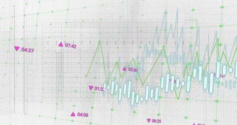 Displaying abstract analytics dashboard with pastel bars and green zigzag trend lines