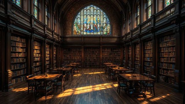 Historic sunlit gothic library reading hall with stained-glass window and mezzanine