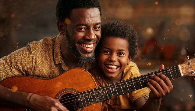 Father and Son Bonding by Guitar Playing in Cozy Living Room