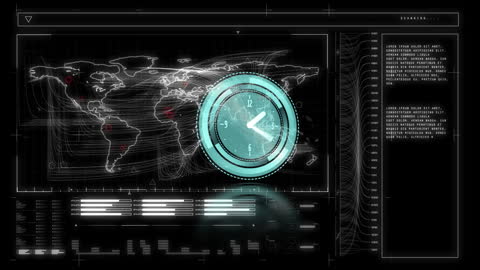 Futuristic Data Interface with Clock and Global Map