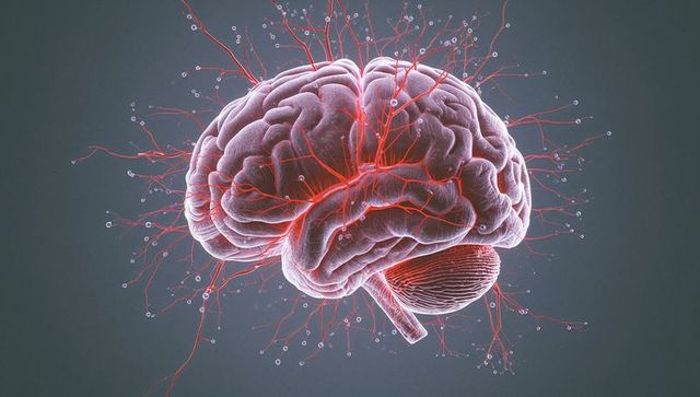 3d brain model with glowing vascular system and synaptic nodes