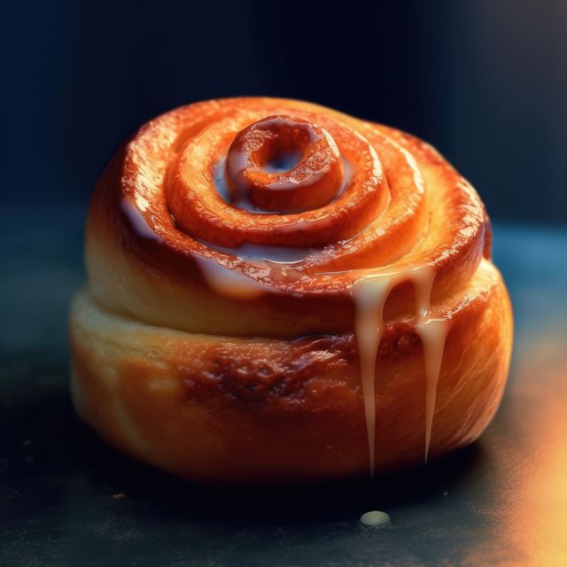 Cinnemon roll with icing on blue background, created using generative ai technology. Sweet food, treat and bakery confection concept digitally generated image.