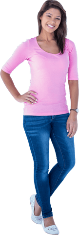 Transparent Smiling Woman in Casual Pink and Blue Outfit