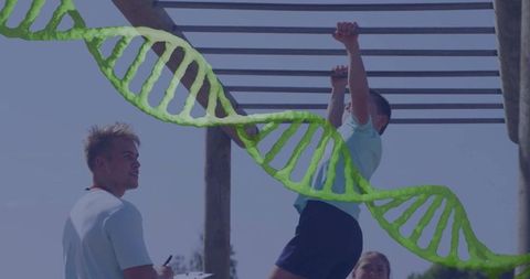 Active children on monkey bars with dna concept and coach