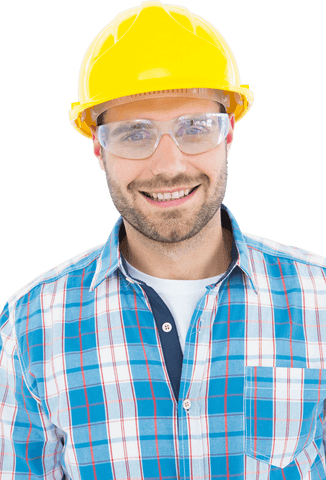 smiling repairman in transparent protective eyewear and hard hat - Download Free Stock Videos Pikwizard.com