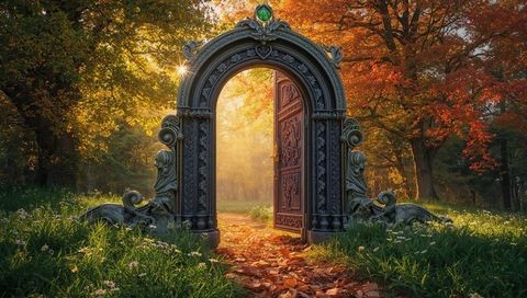 Ornate Archway in Enchanted Forest at Sunset
