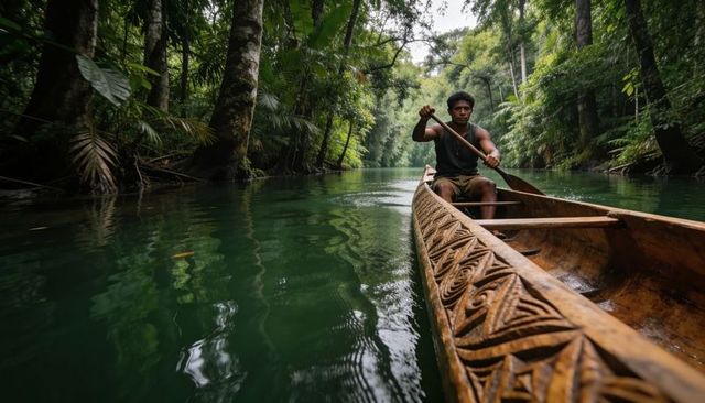 Man paddling carved canoe through lush tropical river surrounded by dense rainforest trip