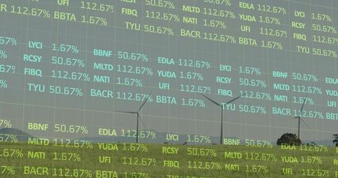 Digital Stock Ticker Overlay on Wind Turbines in Rural Landscape