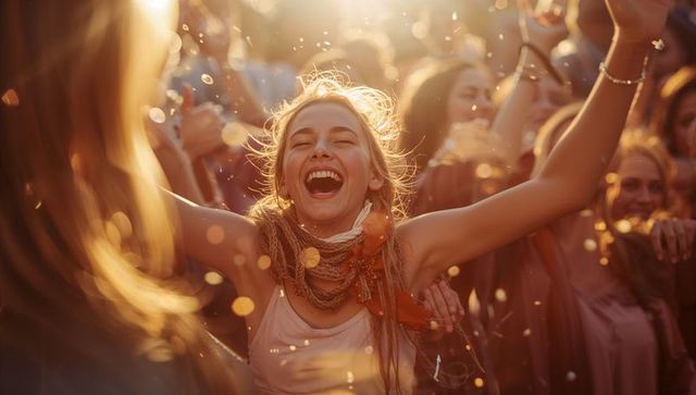 Carefree young woman cheering arms raised at golden hour music festival, confetti flying