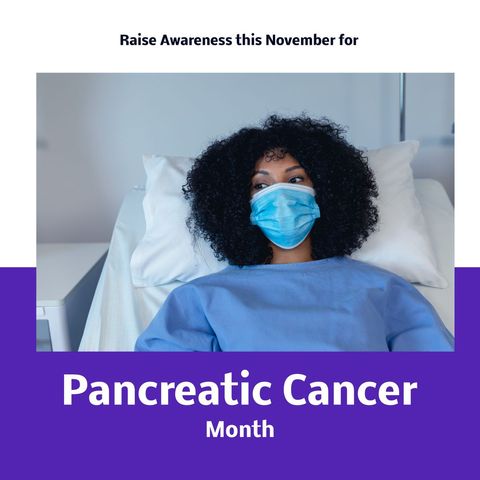 African American woman lying in hospital bed wearing mask representing awareness during Pancreatic Cancer Awareness Month in November. Highlights the importance of health campaigns, prevention, and support for cancer patients. Ideal for use in posters, educational materials, and awareness campaigns emphasizing support and solidarity.