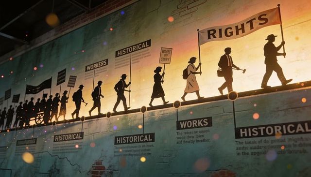 Backlit historical workers marching mural with rights banners and silhouetted timeline