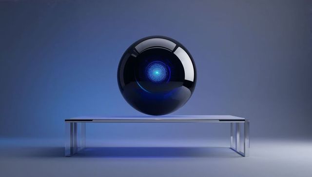 Hovering Glossy Black Orb with Blue Core over Minimalist Metal Bench, Futuristic Concept