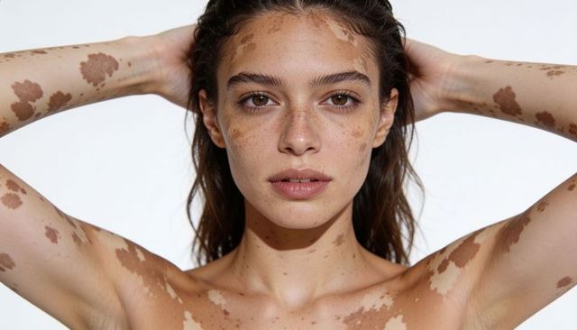 Confident woman with vitiligo and freckles holding hands behind head, high-key studio portrait
