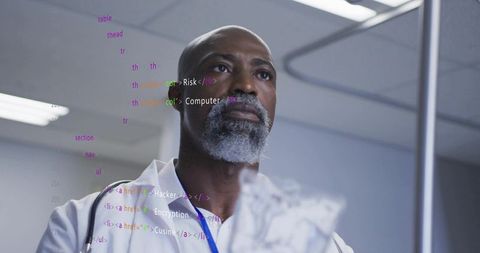 Doctor analyzing code on glass panel in clinic merging healthcare and cybersecurity
