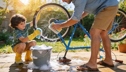 Father and son washing blue bicycle together on sunny backyard patio, family outdoor chore