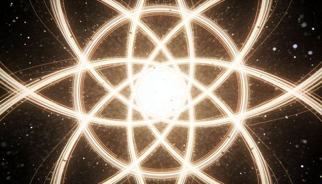 Luminous interlocking rings radiating from bright core with concentric halo and particle specks