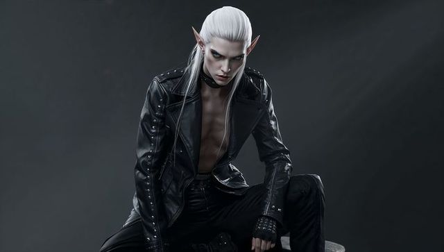 Androgynous elf in gothic leather and studs in studio setting