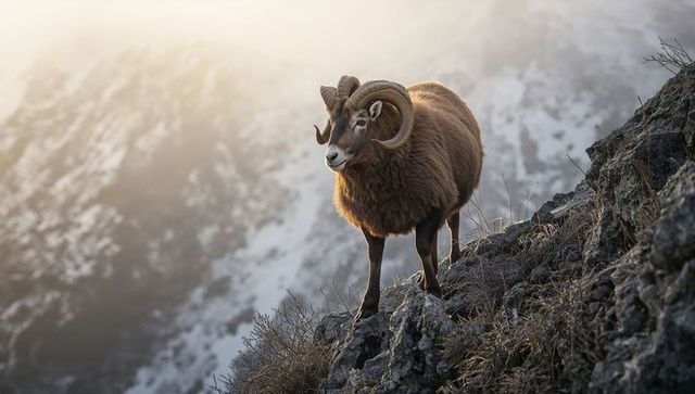 Majestic mountain ram standing on steep rocky slope at golden hour with curved horns