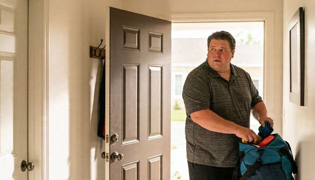 Man packing blue duffel at open front door, looking back, home departure lifestyle