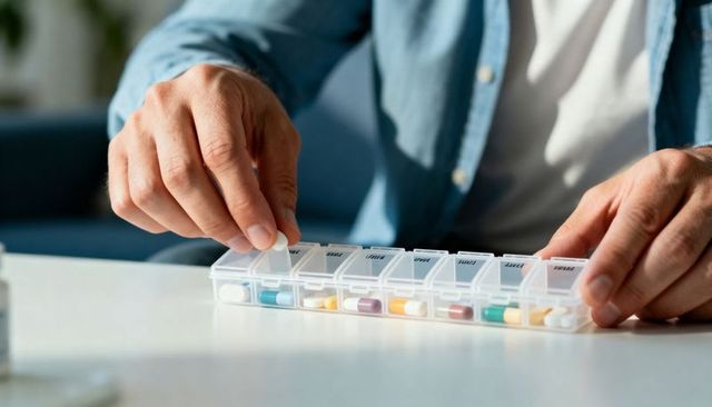 Man organizing weekly medication in clear plastic pill organizer on white table, taking daily pills