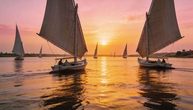 Golden hour sunset dhow regatta on tranquil river with twin sails and warm reflections