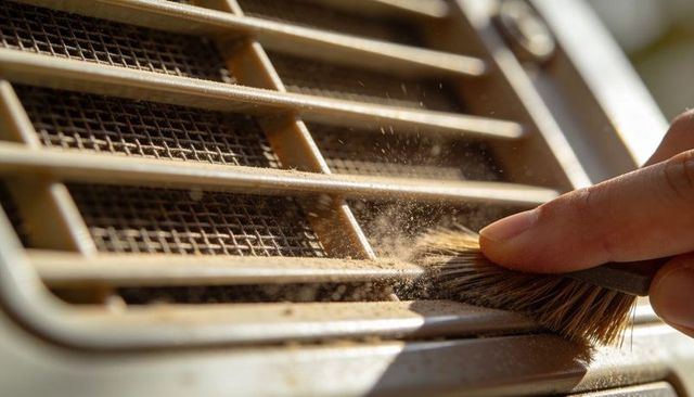 Brushing car air vent grille with small brush raising dust particles close-up interior