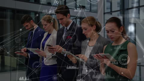 Diverse Professionals Using Devices with Digital Network Overlay