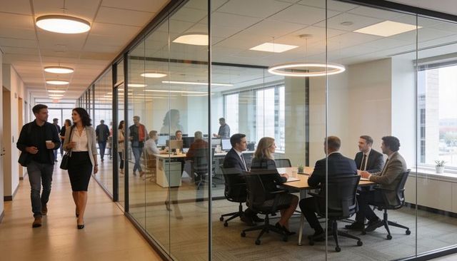 Executives discussing strategy in glass conference room while colleagues walking corridor