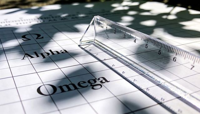 Sunlit transparent triangular ruler on alpha omega grid with leaf shadows and metric scale