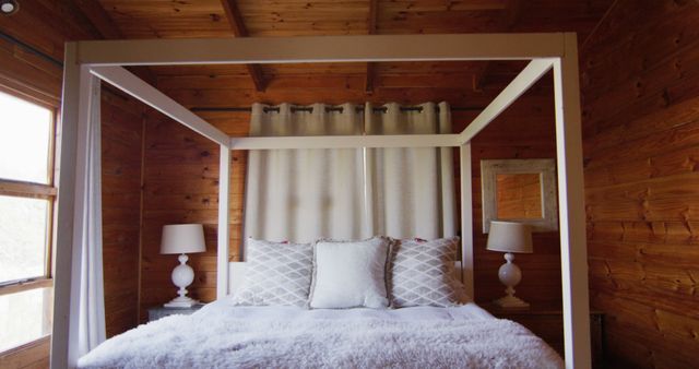 General view of bedroom with master bed in log cabin, slow motion. Interior, design and countryside concept.