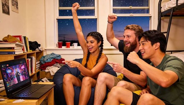 College friends cheering during late-night livestream on laptop in cozy dorm room