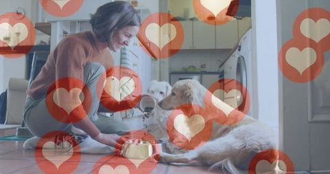 Woman Feeding Dogs with Heart Icons Overlay for Pet Care Love