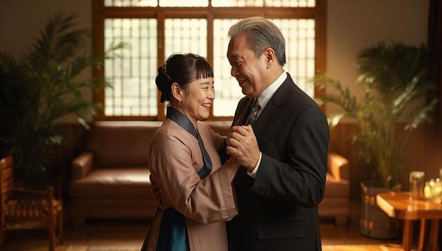 Elderly asian couple dancing in cozy living room embracing warm romantic moment