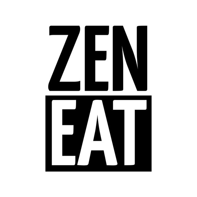 Bold logo design with black text reading 'ZEN EAT' on white background. Perfect for wellness and nutrition brands promoting mindfulness, tranquility, and healthy eating habits. Ideal for use in branding, marketing materials, website headers, and merchandise.