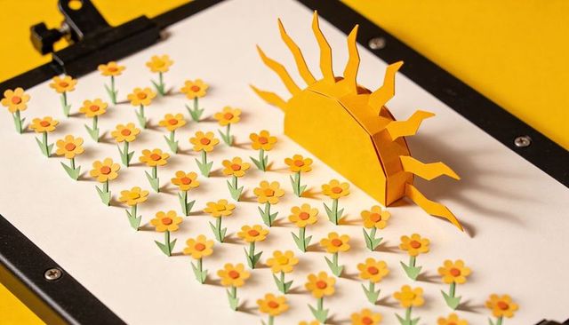 Displaying pop-up paper sun and flower grid on clipboard, minimalist origami craft