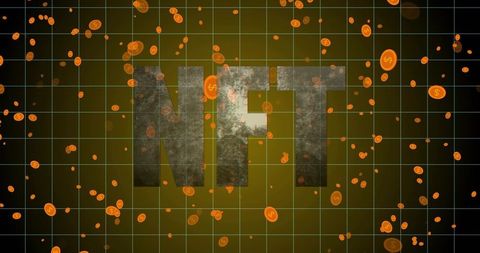 Floating weathered NFT letters with glowing orange tokens and digital grid backdrop