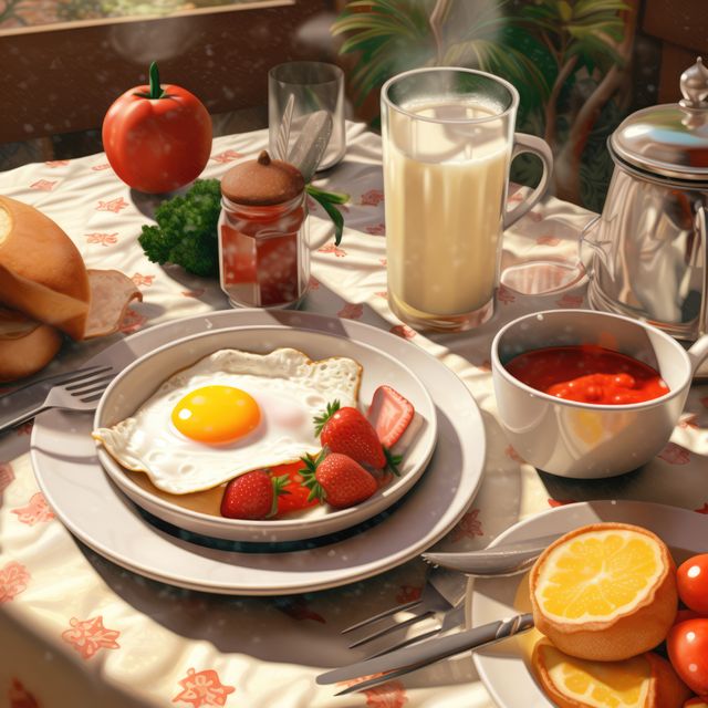 This image shows a nutritious breakfast table with a sunny-side up egg, strawberries, a glass of fresh juice, bread, and orange slices. Perfect for illustrating healthy lifestyle articles, food and recipe blogs, morning routines, or dietary guides.