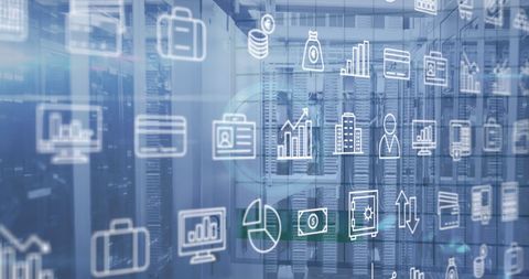 Digital Network Icons with Server Racks in Background - Download Free Stock Images Pikwizard.com