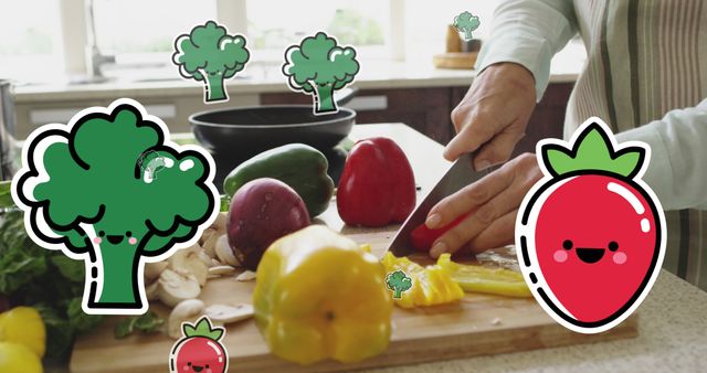 Elderly man slicing vegetables like bell peppers and mushrooms on a wooden board in a cozy kitchen, with fun cartoon stickers of broccoli and strawberries adding a playful touch. Ideal for promoting healthy eating habits, food blogs, or kitchen tutorials focusing on fun cooking activities for all ages.