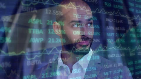 Tech-Savvy Businessman Amidst Financial Data Animation