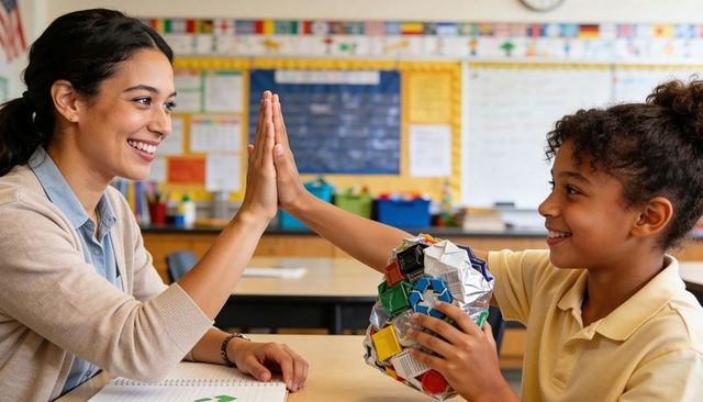 Teacher and student high-fiving holding colorful recycled craft in elementary classroom