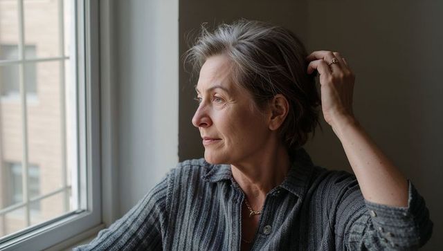 Mature woman gazing out window, contemplative side profile with hand in hair